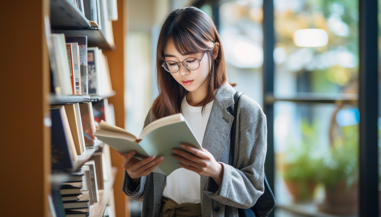 Ragazza orientale con occhiali che legge un libro prelevato dallo scaffale di una biblioteca