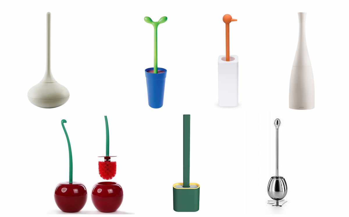 Raccolta di scopini da bagno di design. Raccolta di scopini da bagno di design. In senso orario, dall'alto in basso: Ballo di Normann Copenaghen, Merdolino di Alessi, Paperella di Italian Design for Living, scopino Saku di Cosmic, Cherry di TrifyCore, Gommy di Living Bagno, Vovo della serie Skoati di Lineabeta - Samo Industries.