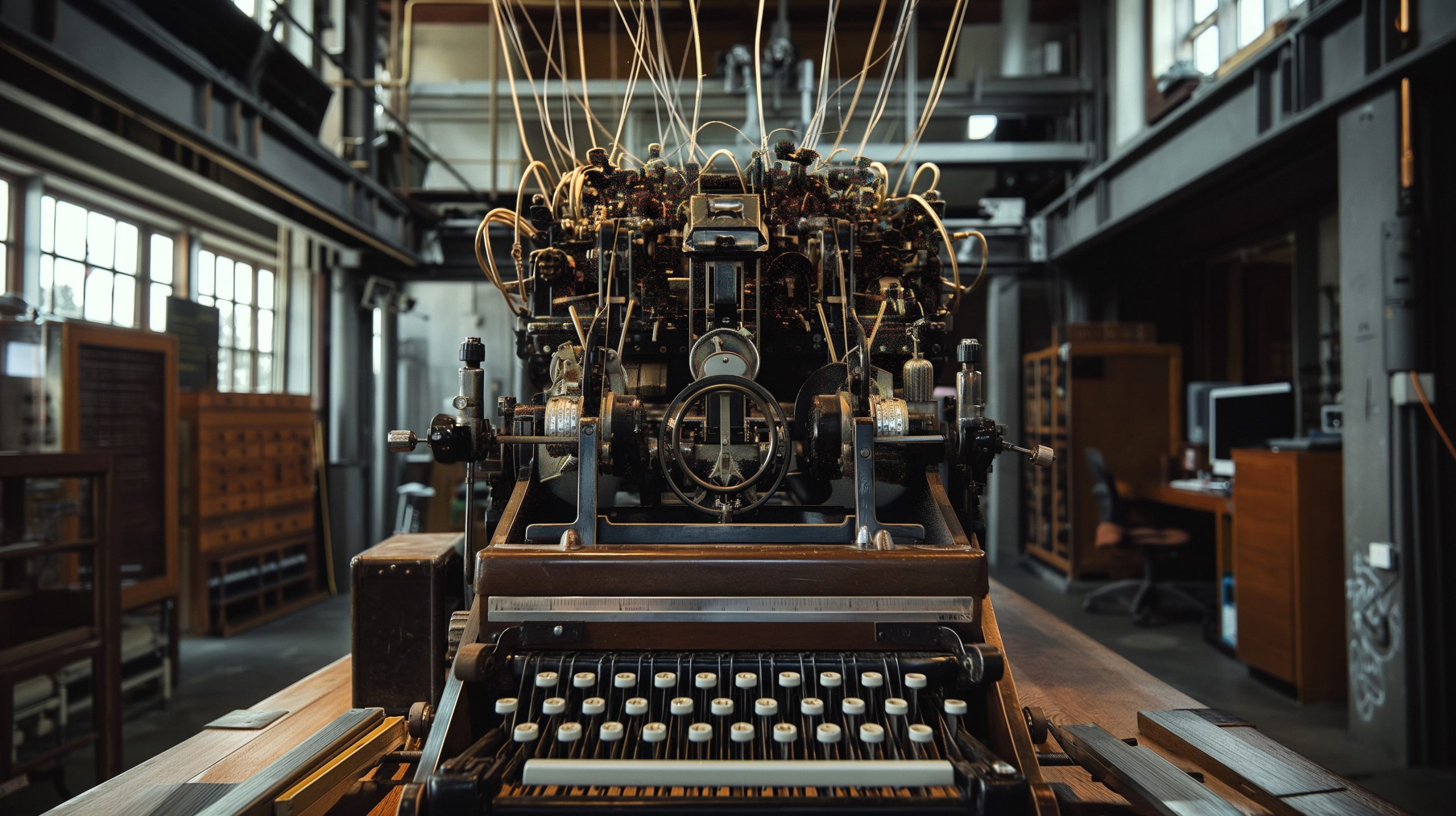 Un'enorme macchina da scrivere - che simboleggia ChatGPT - collocata in primo piano, al'interno di una tipografia dal sapore antico. (Immagine generata con Midjourney)