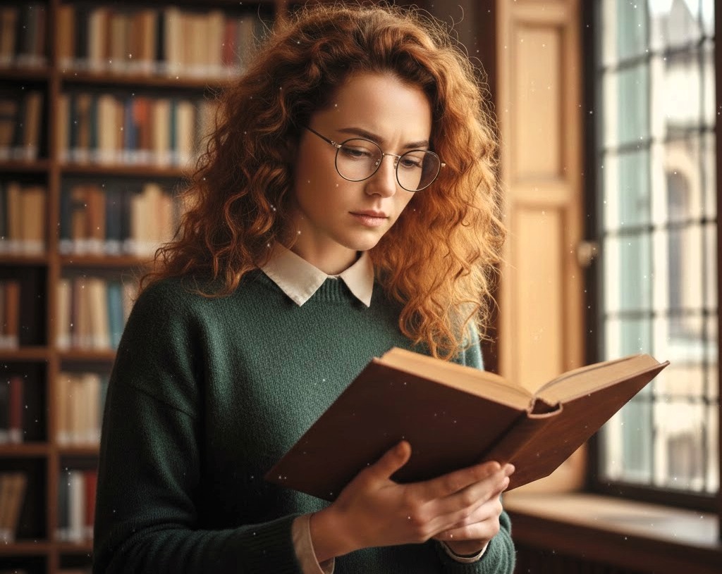 Pratiche di lettura - Ragazza circondata da scaffali piatti pieni di libri profondamente immersa nella lettura di un libro